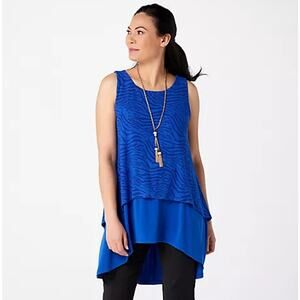 Dennis Basso Tunic Top Large Crepe Burnout High Low Hem Sleeveless Blue QVC New